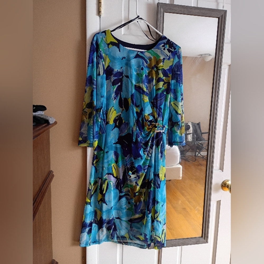 Kate and Lily Womens Sz 14W Green/Blue Floral sheer long sleeve Dress